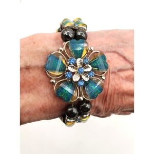 Vintage Stretch Bracelet Blue Heart Flower Rhinestone Double Strand